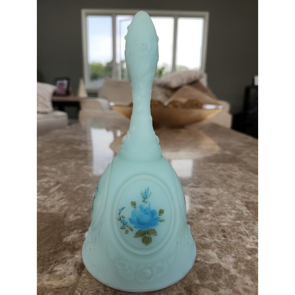 Fenton, Light Blue Satin Glass Bell, Handpainted And Signed By Artist, 6 1/2"